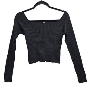 Free People Rib Knit Crop Square Neck Black  Pullover Sweater  Size Large NWT